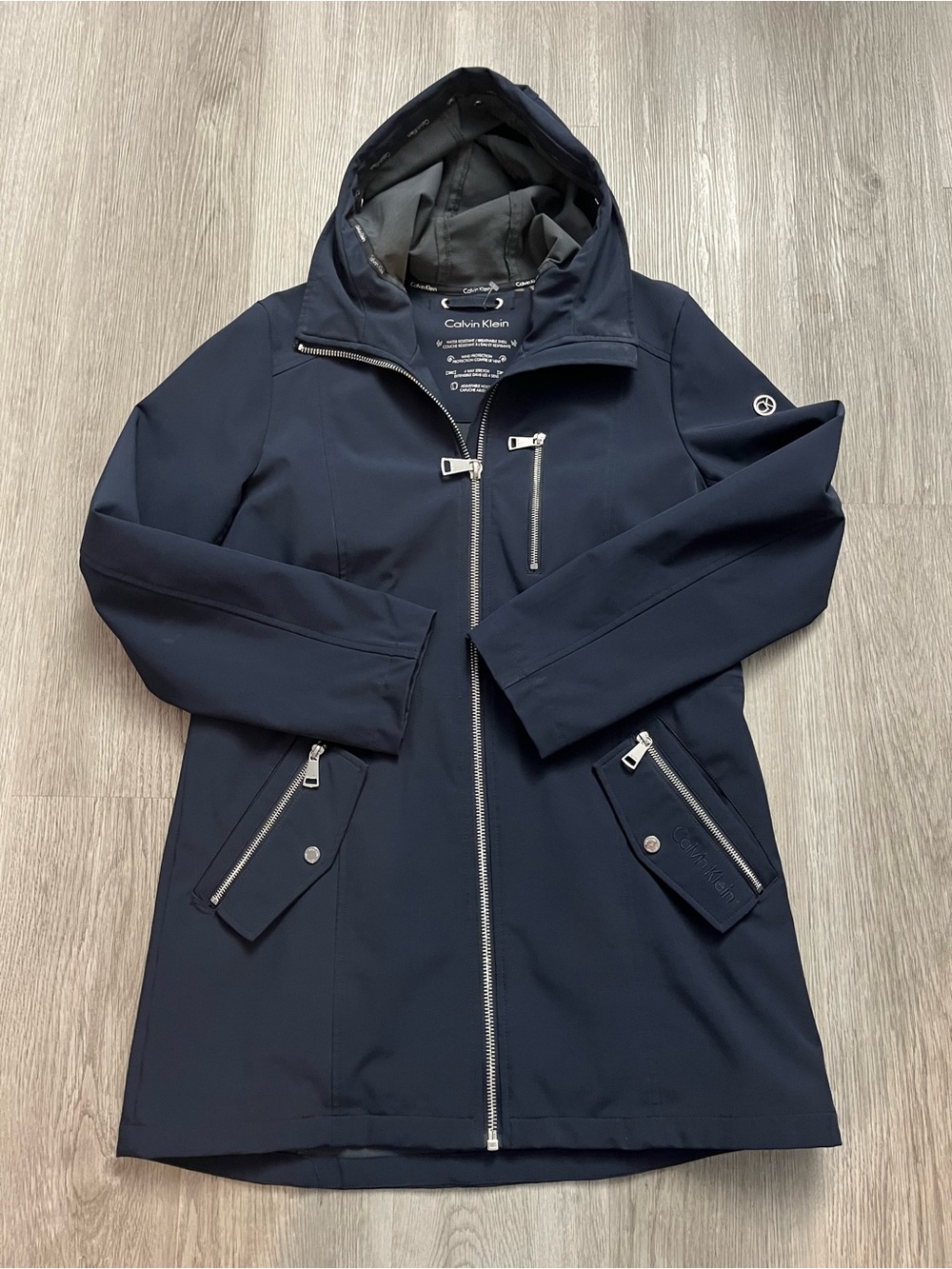 280–Calvin Klein Navy Hooded Trench Coat with Silver Zippers